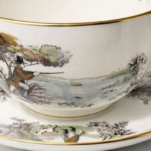 Vintage Hunting Scene Porcelain Tea Cup & Saucer with Gold Trim